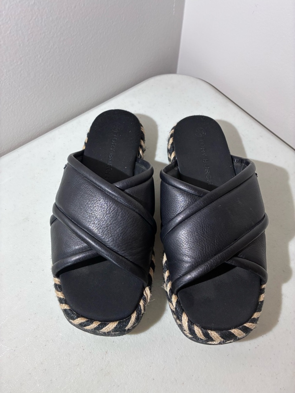Tory Burch Black Cross-Band Slide Sandals with Rope-Trim